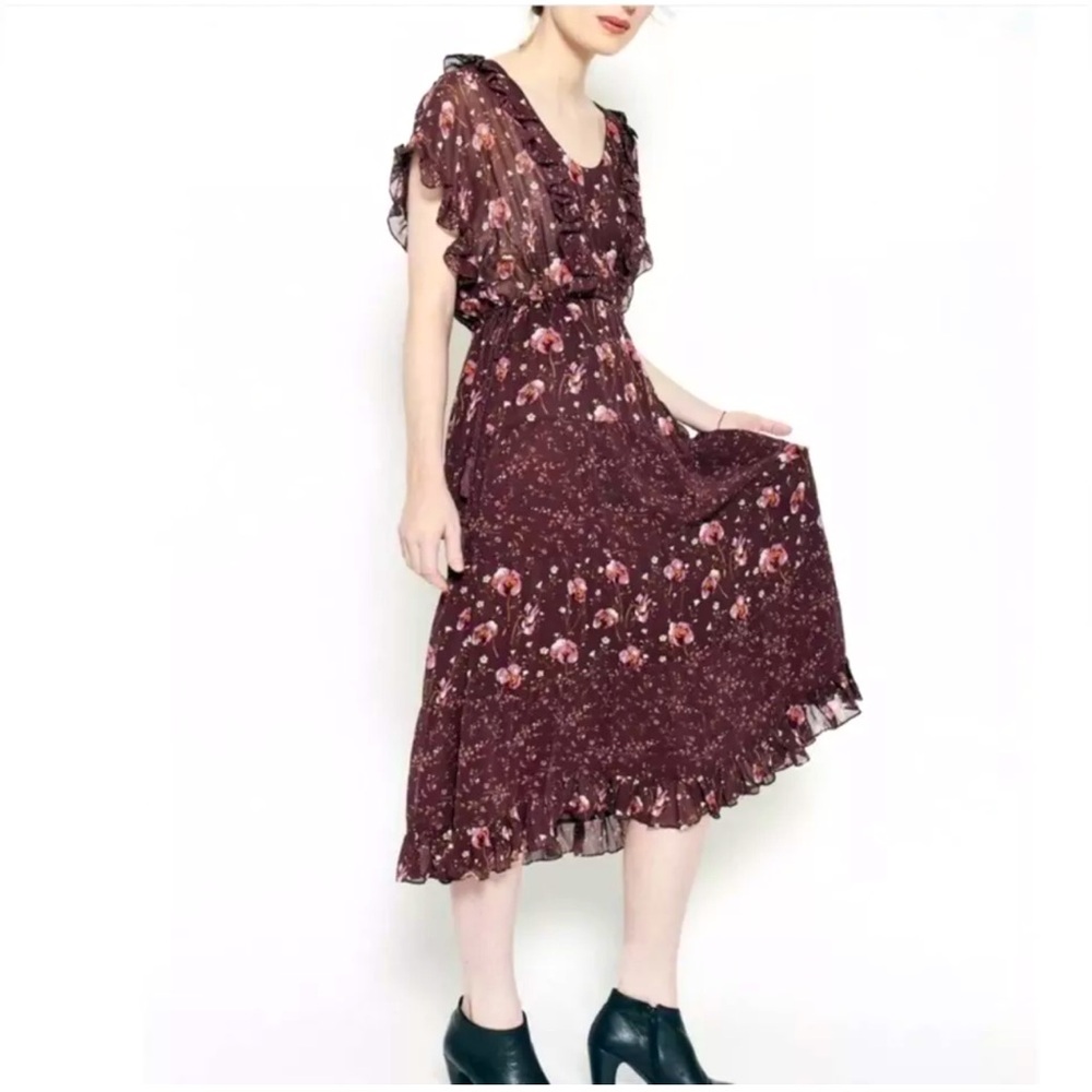Ulla Johnson Purple Plum Meadow Silk Floral Print Tiered Ruffle Midi Dress S10